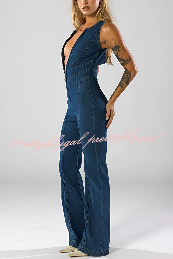 Fashionable Heart Hollow Back Slim High Waist Flared Denim Jumpsuit