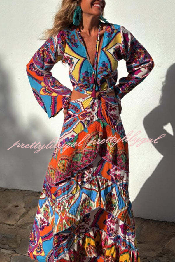 Colorful Day Unique Print Bell Sleeve Cutout Waist Layered Maxi Dress