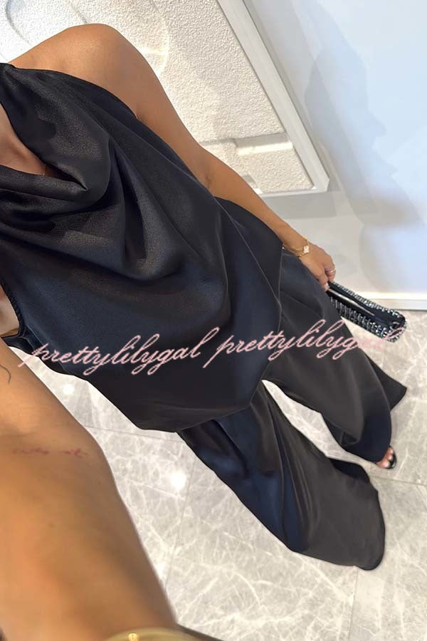 Classic on You Satin High Cowl Neck Top and Elastic Waist Pocket Loose Pants Set
