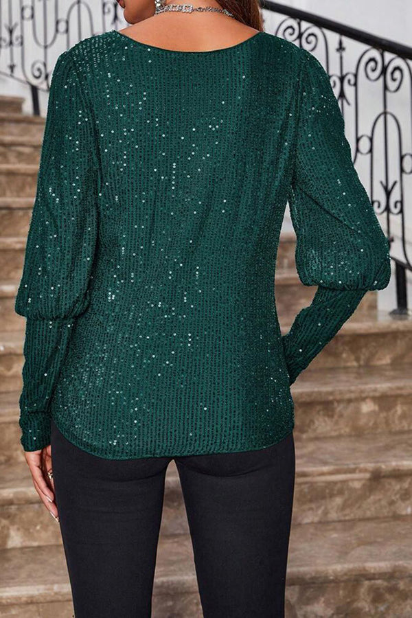 Solid Color Sequined Round Neck Long Sleeve Loose Top