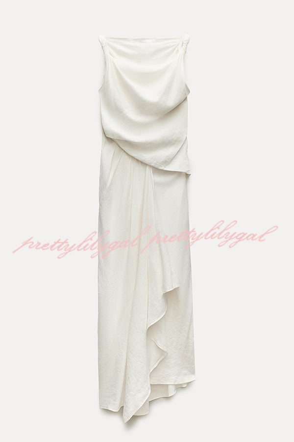 Sculptural Effect Linen Blend Twisted Shoulder Strap Drape Maxi Dress