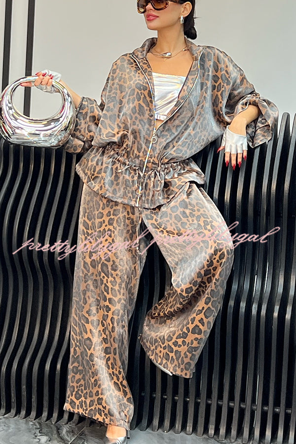 Leopard Print Drawstring Waist Zipper Jacket and Elastic Waist Pocket Loose Pants Set