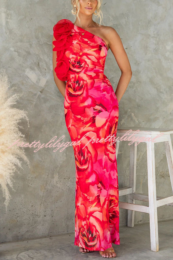 Floral Print Sleeveless 3D Flower One Shoulder Slim Maxi Dress