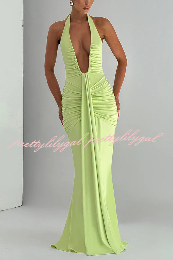 Solid Color Elegant Halterneck V-neck Open Back Tie Gathered Maxi Dress