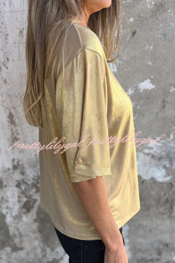 Metallic Solid Color Round Neck Short-sleeved Loose T-shirt