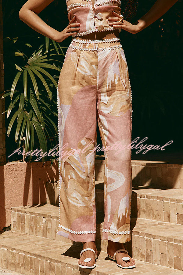 European Summer Linen Blend Ric Rac Trims High Rise Pocket Loose Pants