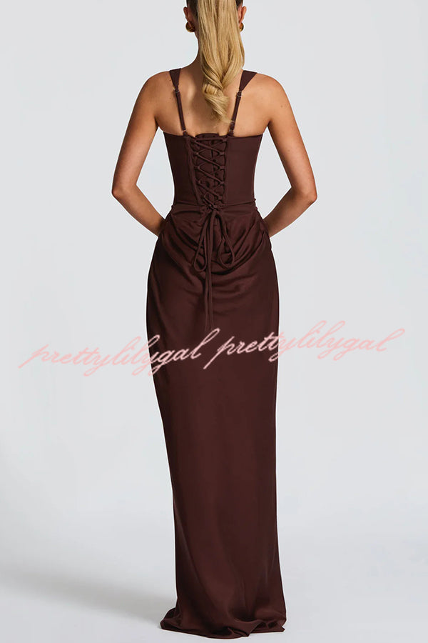 Larrah Square Neck Back Lace-up Satin Drape Hem Maxi Dress