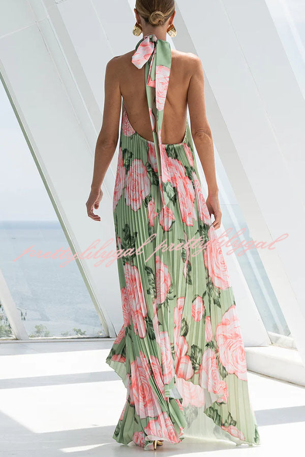 Opera Pleated Floral Halter Asymmetric Hem A-line Maxi Dress