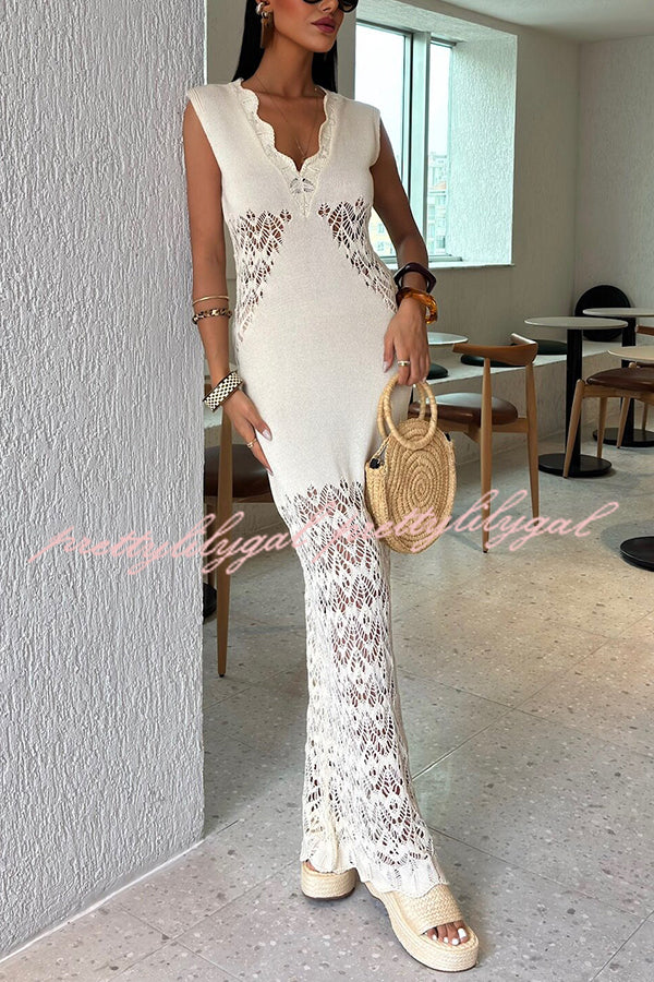 Solid Color Hollow Knitted V-neck Slim Fishtail Maxi Dress