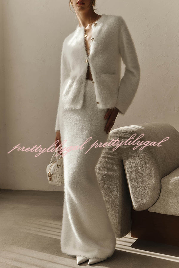 Solid Color Long-sleeved Button-pocket Knitted Jacket and Elegant Long Skirt Set