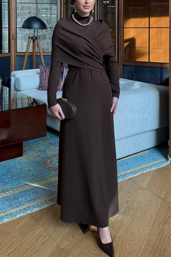 Solid Color High-neck Long-sleeved Crossover Waist Slim-fit Maxi Dress