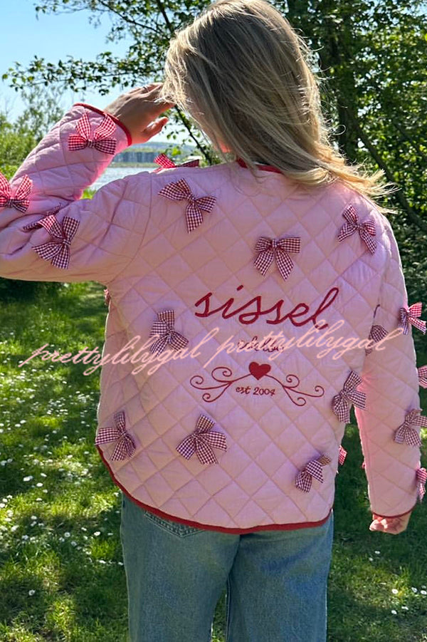 Lily Bow Embroidered Long-sleeve Lace-up Pocket Cotton Jacket