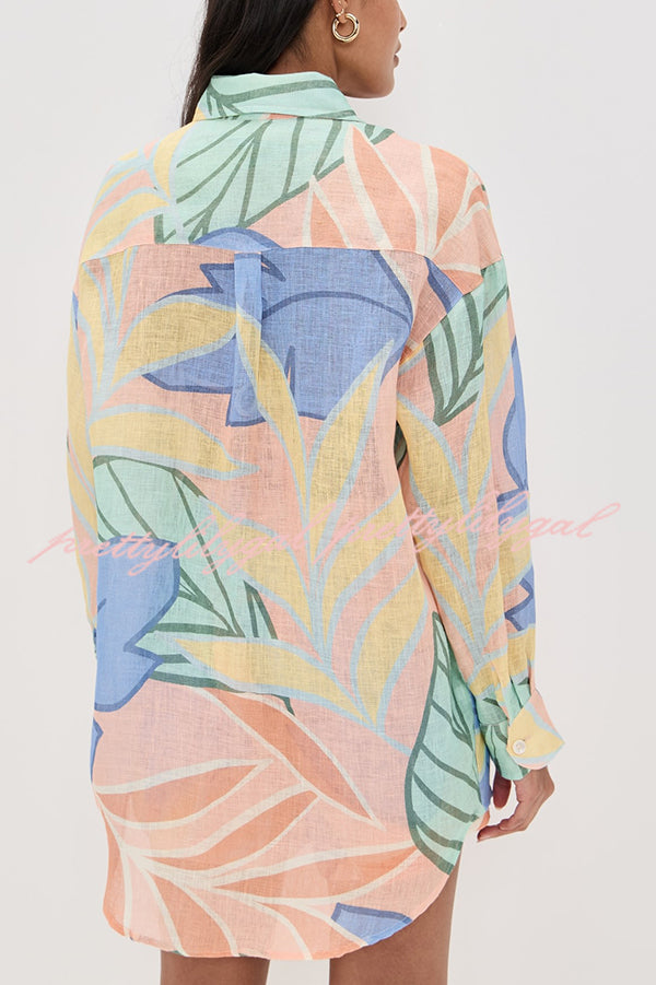 Bella Linen Blend Colorful Unique Print Long Sleeve Blouse and Elastic Waist Pocket Loose Shorts Set