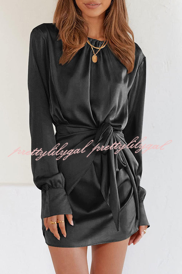 Satin Round Neck Long Sleeve Elastic Tie Mini Dress