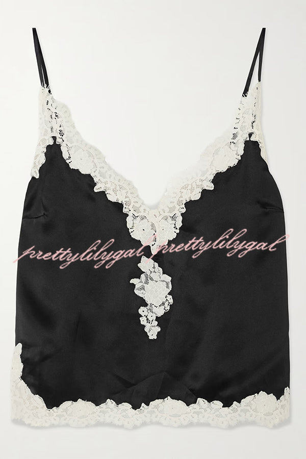 Celebration Look Contrast Color Satin Lace Trim V-Neck Slip Tank