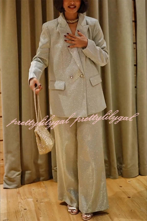 Holiday Queen Glitter Fabric Lapel Boyfriend Blazer and Pocketed Wide Leg Pants Set