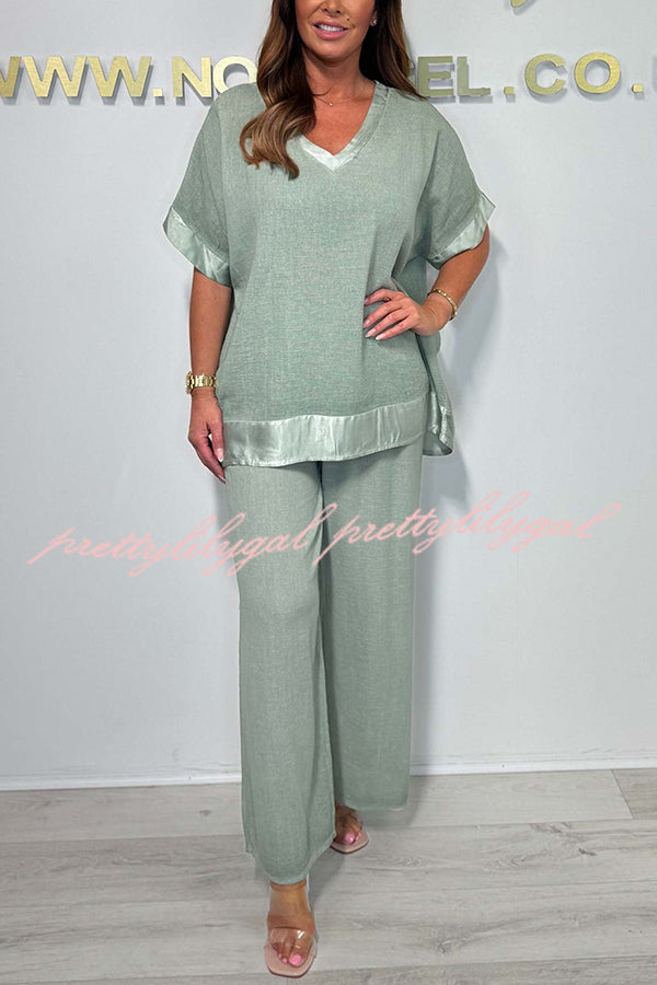 Fashionable V-neck Short-sleeved Loose Top and Elastic Waist Casual Wide-leg Pants Set