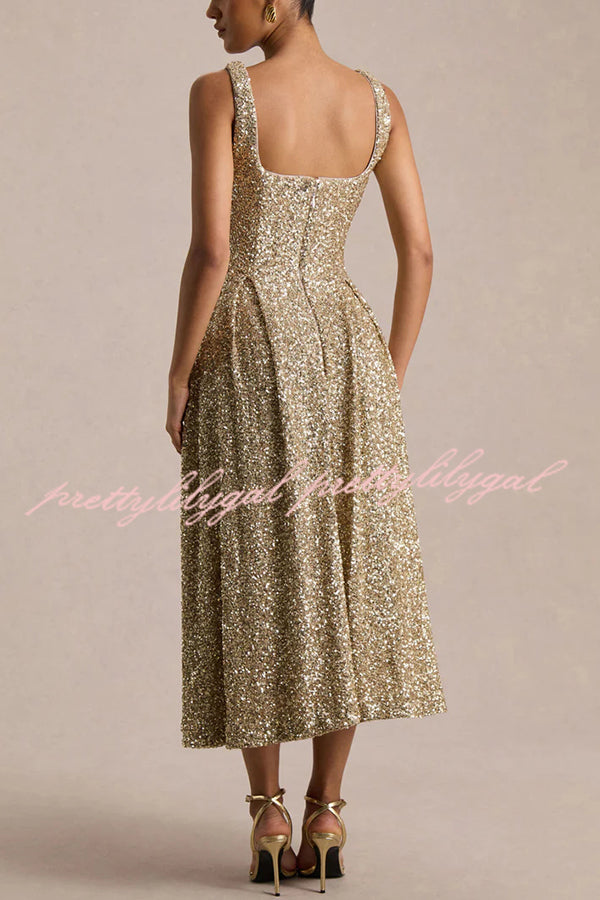 Effortless Sparkle Sequin Square Neck Wide Strap A-Line Midi Dress