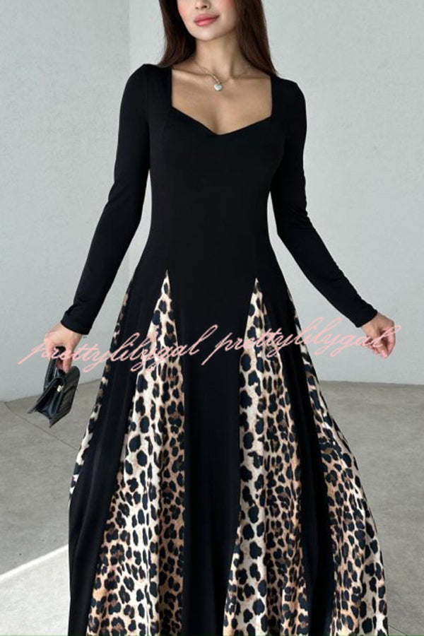 Marino Panelled Leopard Tulle Square Neck Long Sleeve A-line Maxi Dress