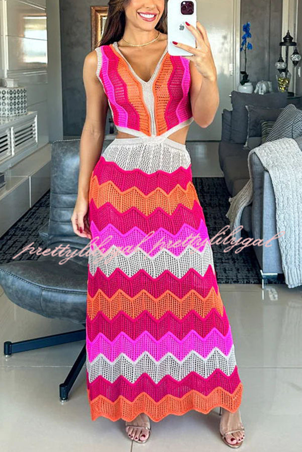 Darling Perfection Knit Texture Color Block Side Waist Cutout Maxi Dress