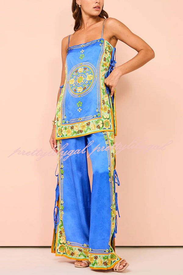 Nara Satin Unique Print Side Lace-up Tank and Elastic Waist Pocketed Wide Leg Pants Set