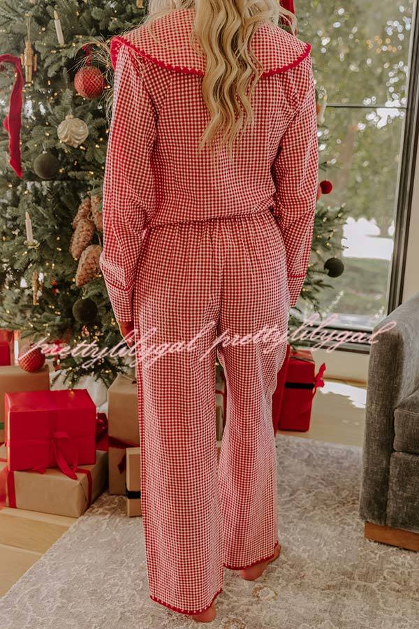 Nutcracker Charm Embroidered Gingham Loose Shirt and Elastic Waist Pajama Set