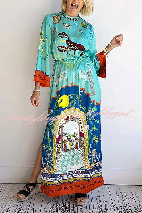 Satin Unique Print Long-sleeve Tie-waist Slit Maxi Dress