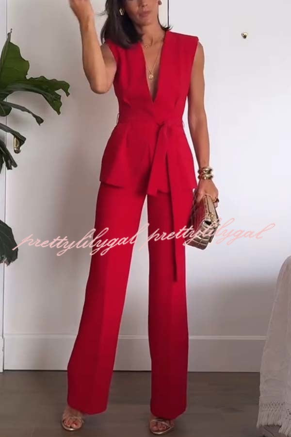 Keep It Classic V-neck Belted Vest and Mid Rise Pocket Wide Leg Pants Set