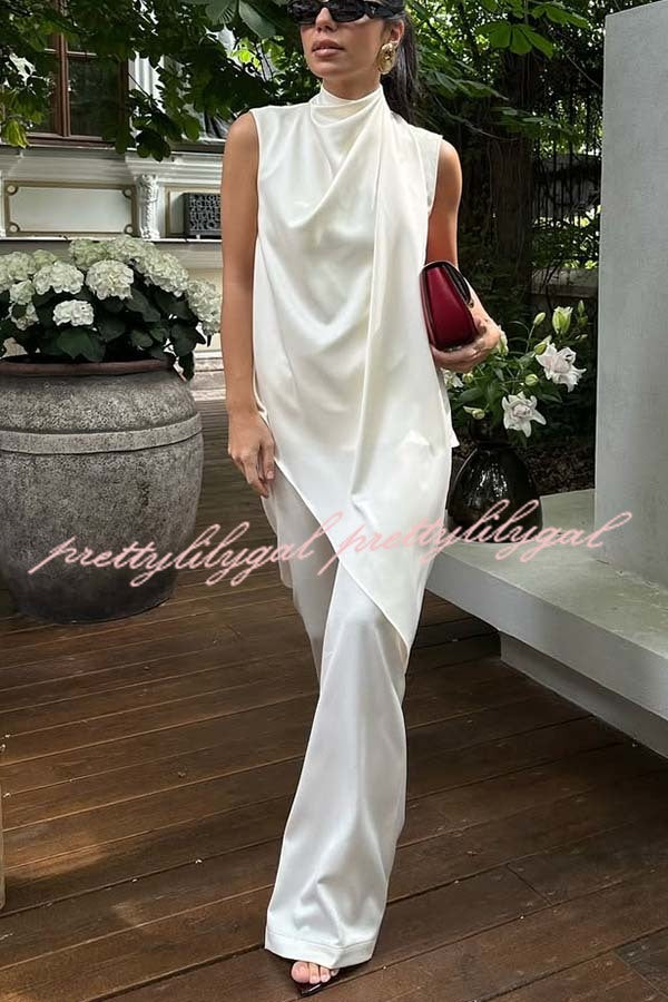 Simply Luxe Satin High Neck Irregular Hem Top and Elastic Waist Flare Loose Pants Set