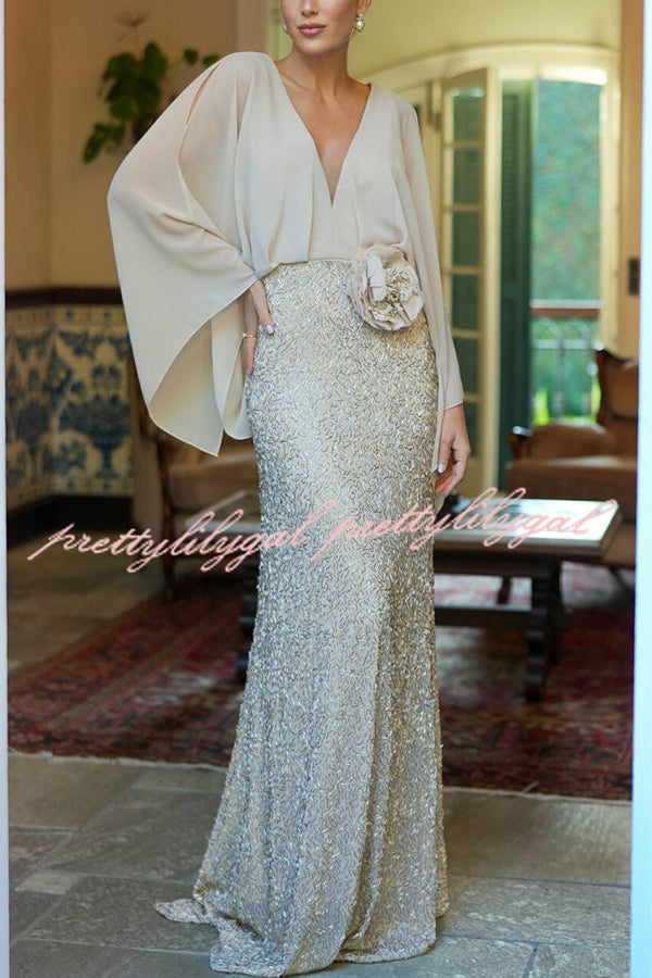 Aleina Chiffon Batwing Sleeve Flower Embroidered Waist Sequin Fabric Maxi Dress
