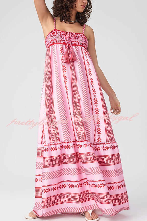 Unique Printed Patchwork Fringed Lace-up Maxi Dress