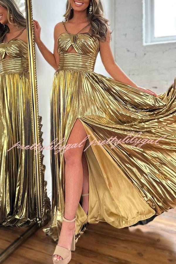 Queen Style Metallic Fabric Cross Neck Cutout Slit Pleated Maxi Dress