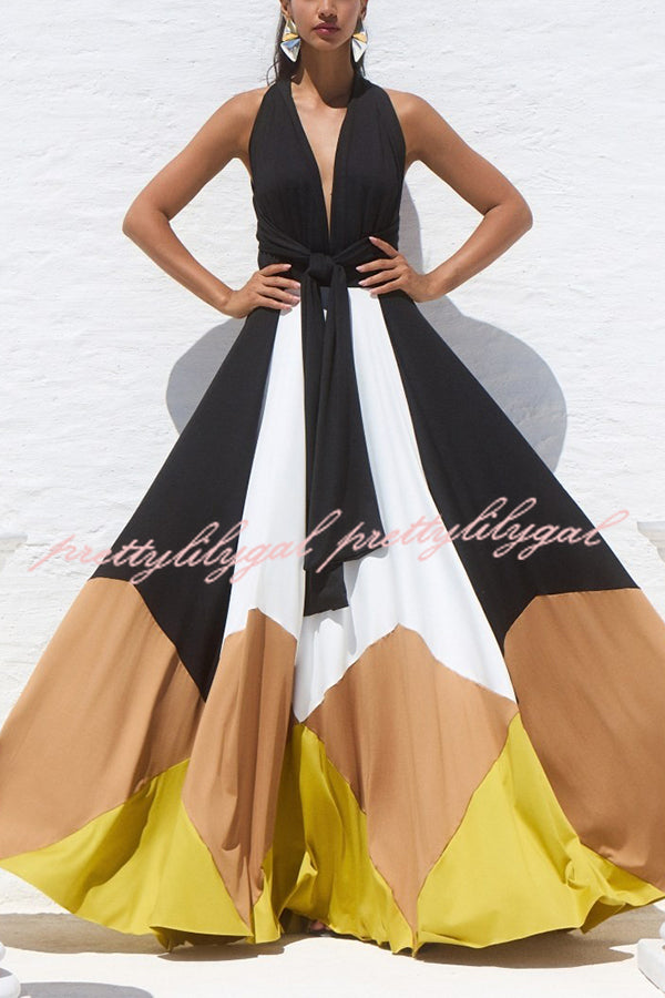 Fashion Colorblock Sexy Backless Tie Waist Full Hem Maxi Dress