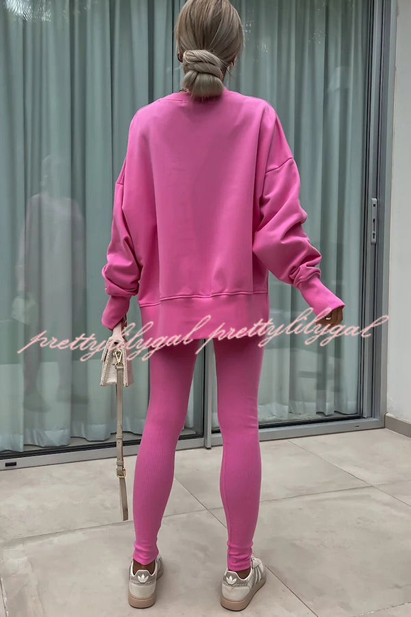 Solid Color Loose Long Sleeve SlitSweatshirt and Elastic Waist Tight Pants Set