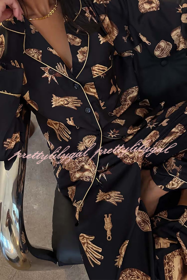 Golden Night Unique Print Color-block Trim Loose Shirt and Elastic Waist Pocketed Pajama Set