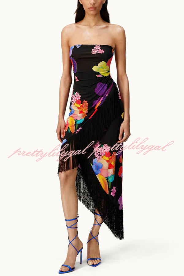 Island Girl Era Floral Print Tassel Trim Bandeau Stretch Midi Dress