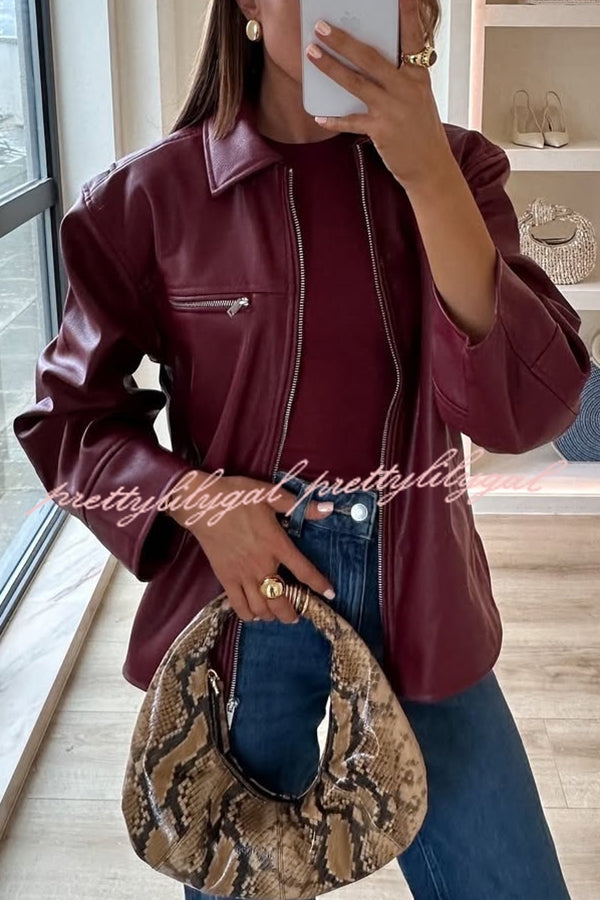 Fashion Lapel Long Sleeve Pocket Zipper Leather Jacket