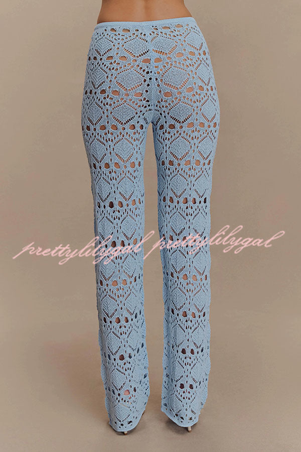 Trena Crochet Knit Hollow Mid Rise Stretch Wide Leg Pants