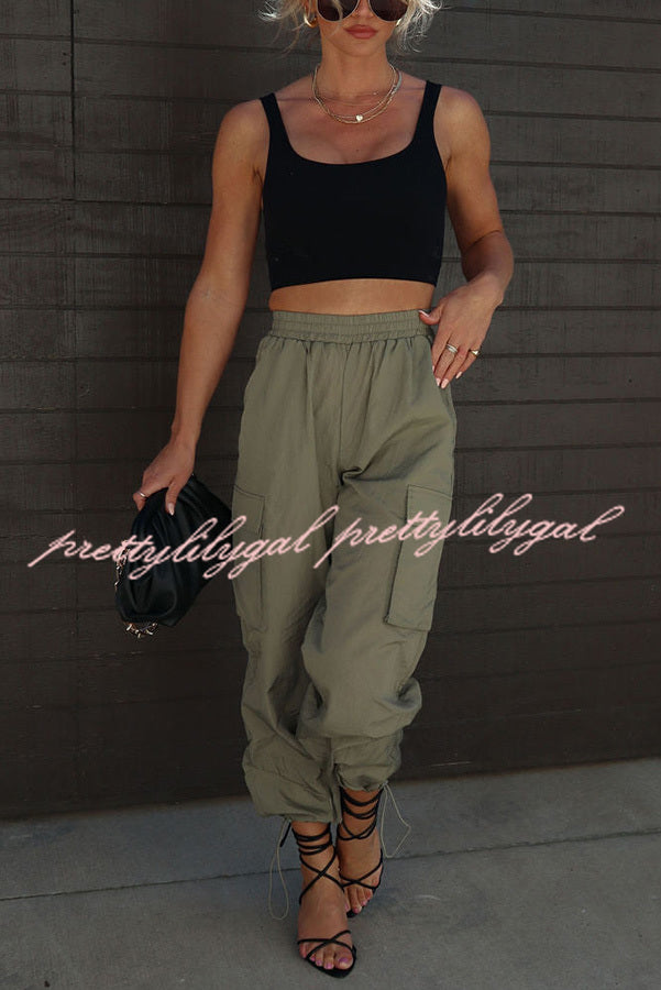 Let’s Rewind Nylon Elastic Waist Pocketed Cargo Pants