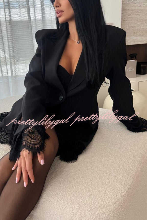 Amazing Items Lace Trim Button Up Long Sleeve Lapel Loose Blazer