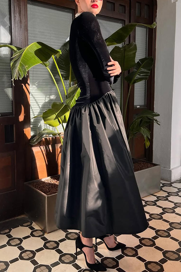 Solid Color Velvet Patchwork High Neck Long Sleeve Maxi Dress