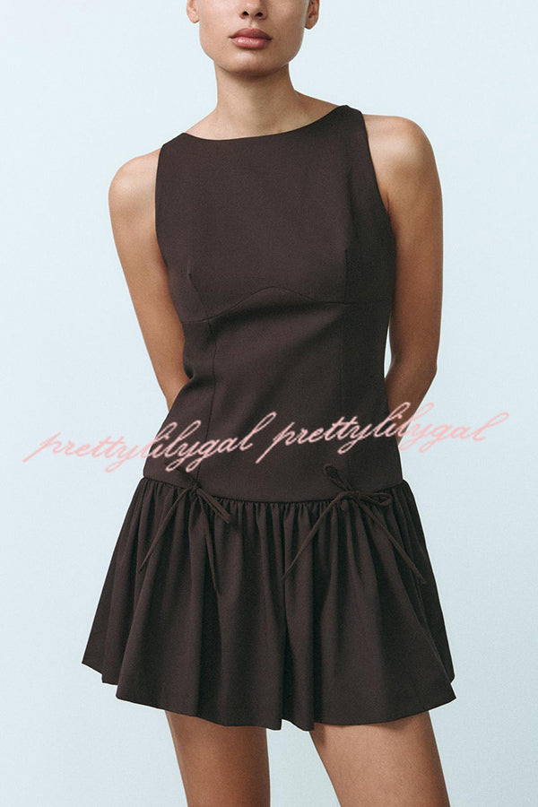 Solid Bow Round Neck Sleeveless Mini Dress