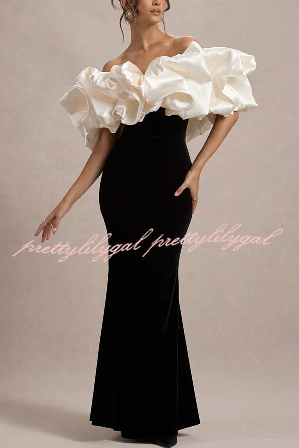 Cecily Velvet Off Shoulder Satin Structured Bardot Neck Stretch Maxi Dress