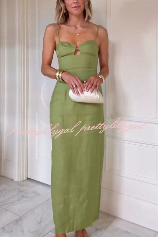 Sharyn Linen Blend Bodice Cutout Back Tie-up Slit Slip Maxi Dress