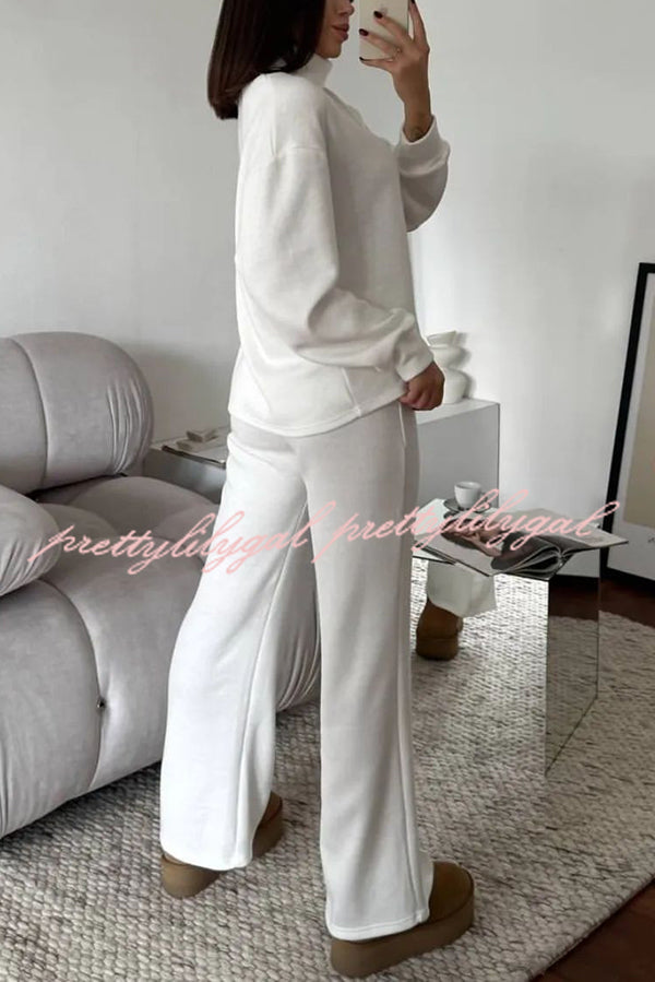 Solid Color Casual Knitted High Neck Long Sleeve Top and Elastic Waist Loose Pants Set