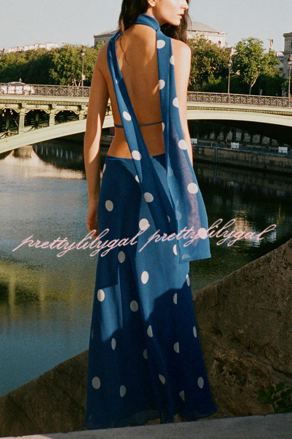 Fashion Polka Dot Print Sexy Halter Neck Backless Maxi Dress