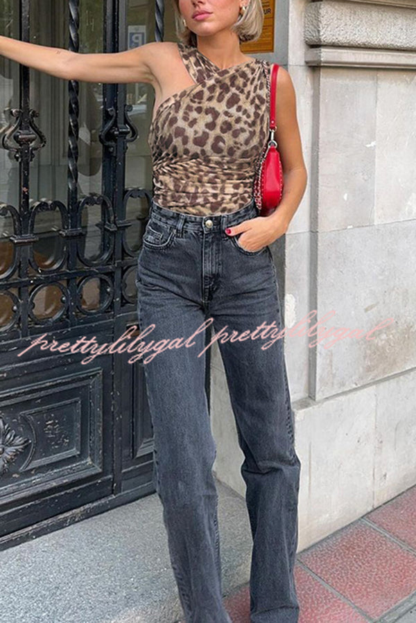 Leopard Print Asymmetric Mesh Pleated Slim-fit Rompers