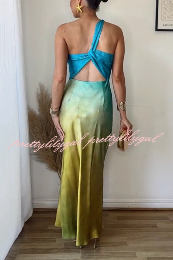 Satin Ombre One Shoulder Backless Fitted Maxi Dress