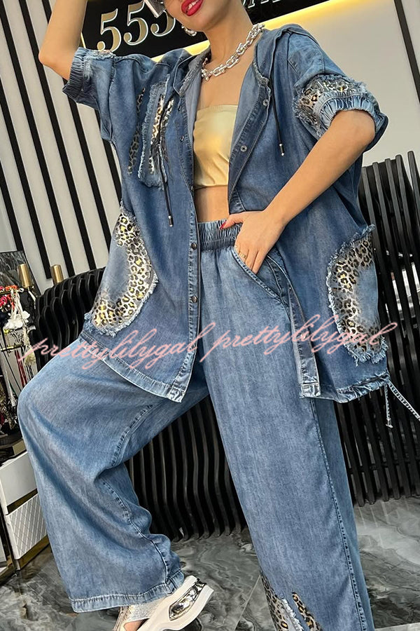 Fashion Loose Hooded Leopard Print Pocket Top and Casual Wide-leg Pants Set