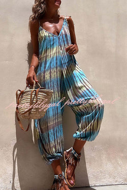 Brighton Beach Tie-dye Print Shoulder Tie Pocketed Loose Jumpsuit